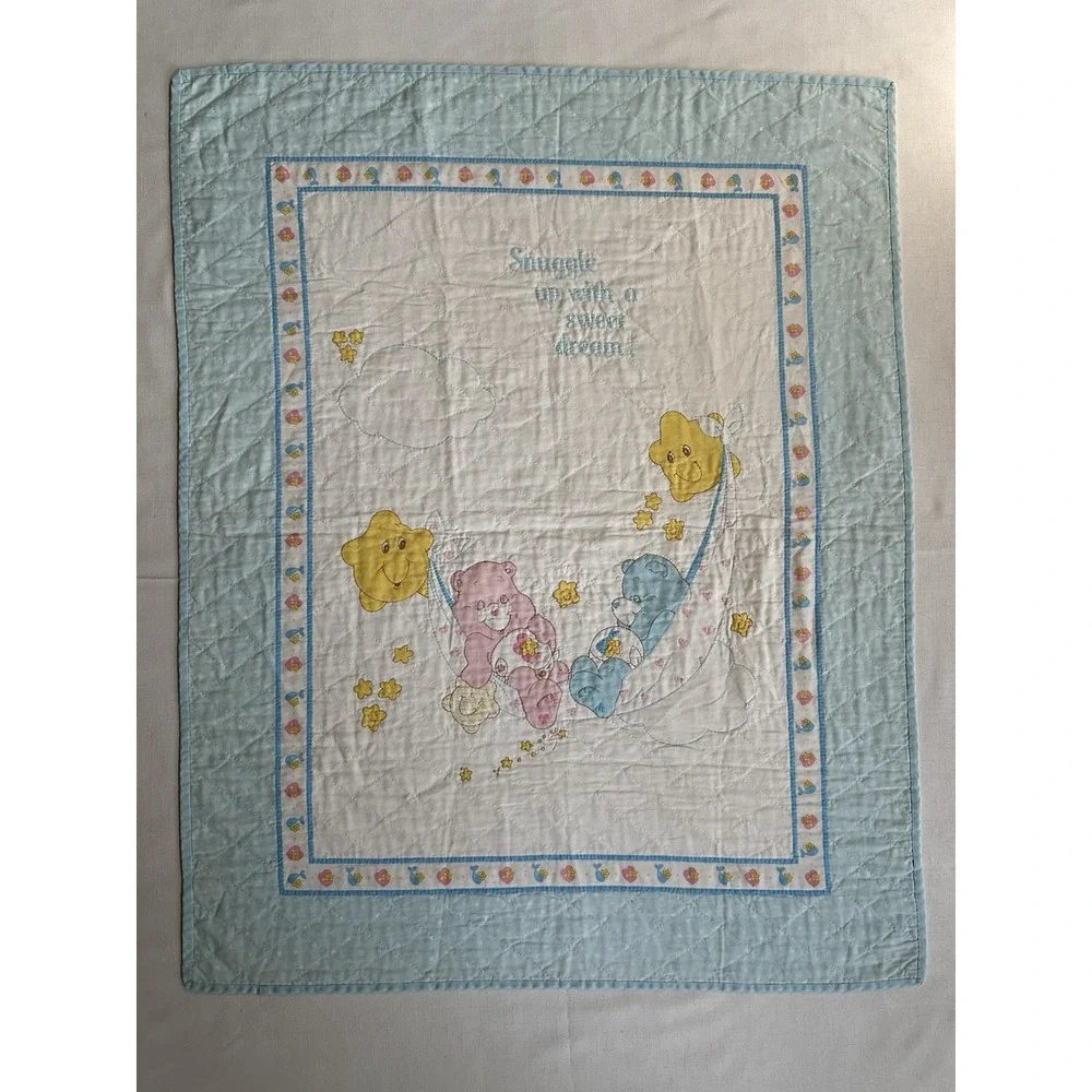 Vtg Care Bears Baby Crib Quilt Handmade 32x43 Nursery Blanket Stars Blue Edge